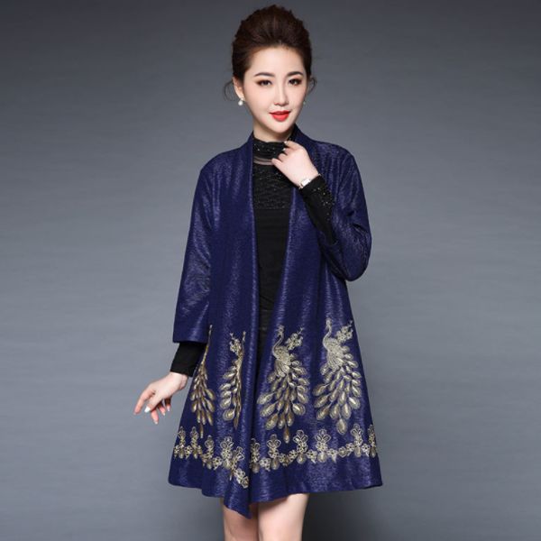 

peacock embroidery cardigan coat 2020 spring fall elegant mother trench shawl loose plus size women long outwear da710, Tan;black