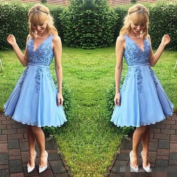 

cute sky blue homecoming dresses beaded pearls chiffon knee length v neck custom made plus size graduation cocktail party prom gown, Blue;pink