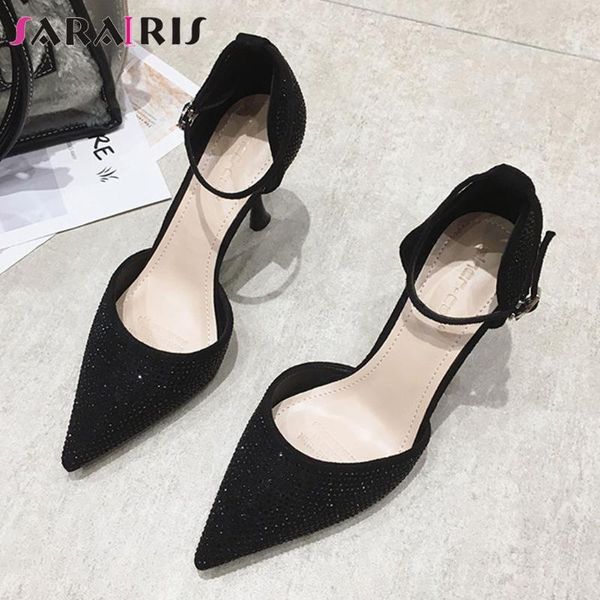 

sarairis lady summer sandals poited toe bling high heels sandals women stilettp cover heelankle strap shoes woman, Black