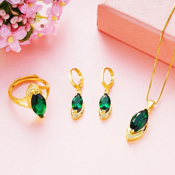 

womens pendant earrings ring set oval cut ruby/emerald jewelry set sparkling zirconia inlaid 18k yellow gold filled accessories wedding part, Silver