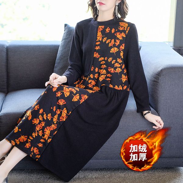 

plus size 2019 new autumn women dress full sleeve print slim long in base fertilizer dresses 5008, Black;gray