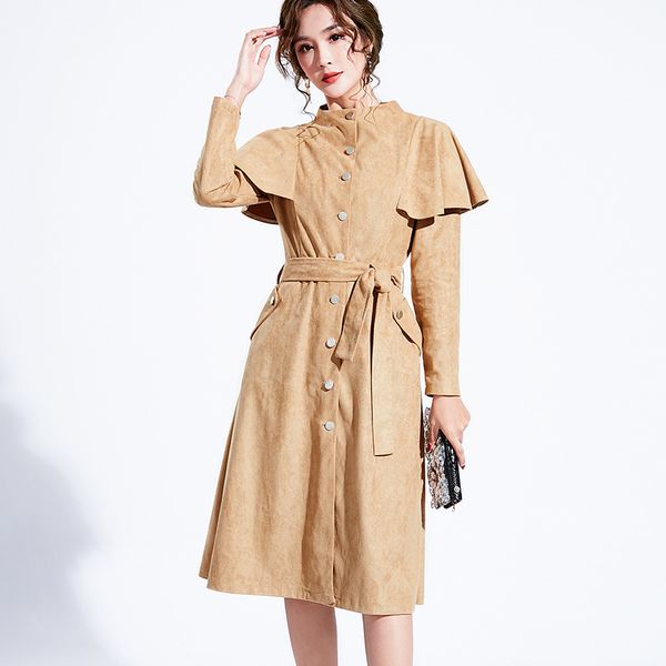 

2020 women trench coat casual single breasted retro stand collar up slim ruffled fashion coat fashion sashes office outwear, Tan;black