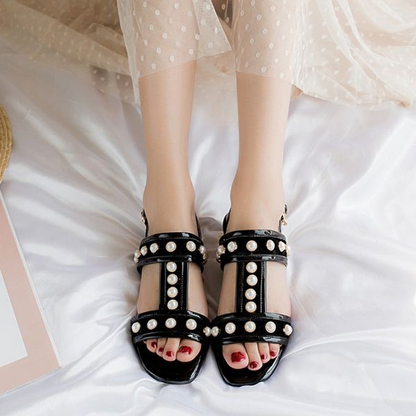 

большой размер 9  11 12 сандалии на высоком каблуке женская обувь женские летние женские т-образные римские замшевые сандалии с жемчугом, Black