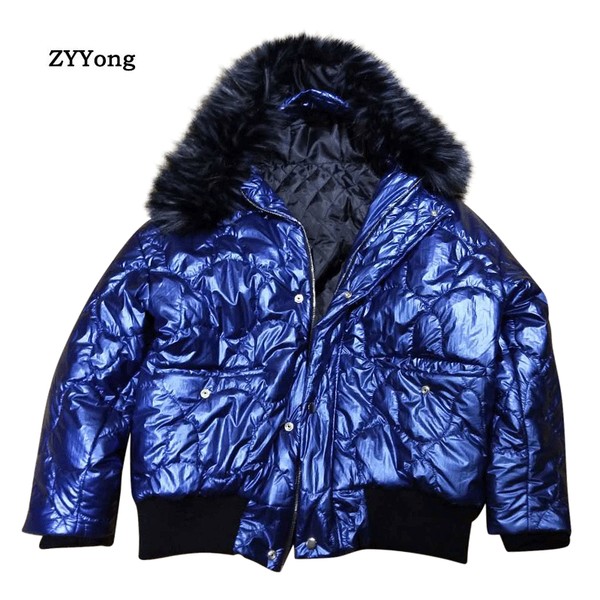 

winter 2020 new korean style men blue color high street hooded big fur collar parkas jacket, Black
