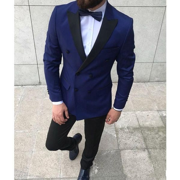 

brand new double breasted navy blue groom tuxedos peak lapel men suits wedding/prom/dinner man blazer (jacket+pants+tie) w324, Black;gray
