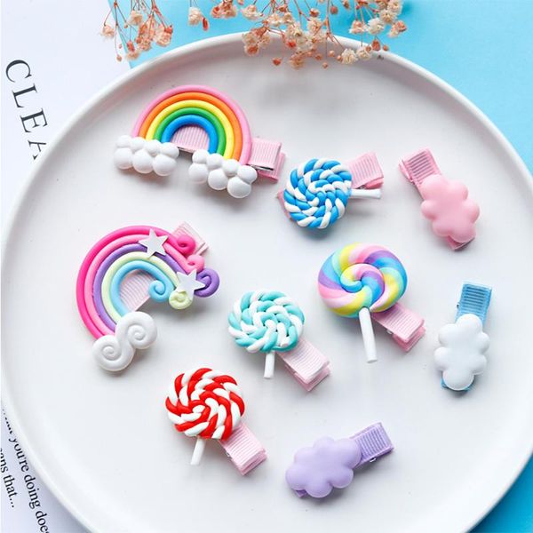 

hair accessories cute cloud shape lollipop hairpins for girls cartoon rainbow clip handmade boutique barrettes headwear 120, Slivery;white