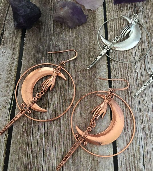 

hecate-crensent moon earrings-victorian-sword earrings-gothic-hoops-dark-witchy-goddess-goth jewelry-withcraft,witch earrings, Silver