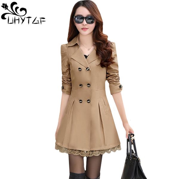 

women's trench coats uhytgf fashion korean spring autumn outerwear female double-breasted lace elegant jacket slim long windbreaker 139, Tan;black