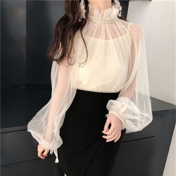 

blouses for women clothing see through mesh women shirts spring fashion beading solid two piece blouse patchwork female blusas 66968, White