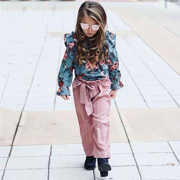 

2-7t toddler kid baby girls floral clothes set long sleeve ruffles and pant suit elegant fashion streetwear autumn outfit, White