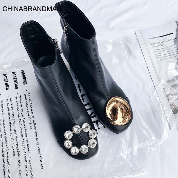 

scarpe donna ladies shoes boots women metal decoration crystal zipper botas round toe chaussures femme ankle boots high heels, Black