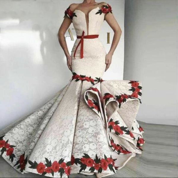 

white lace mermaid prom dresses off the shoulder ruched train embroidered flower evening gowns saudi arabia formal party dress, Black
