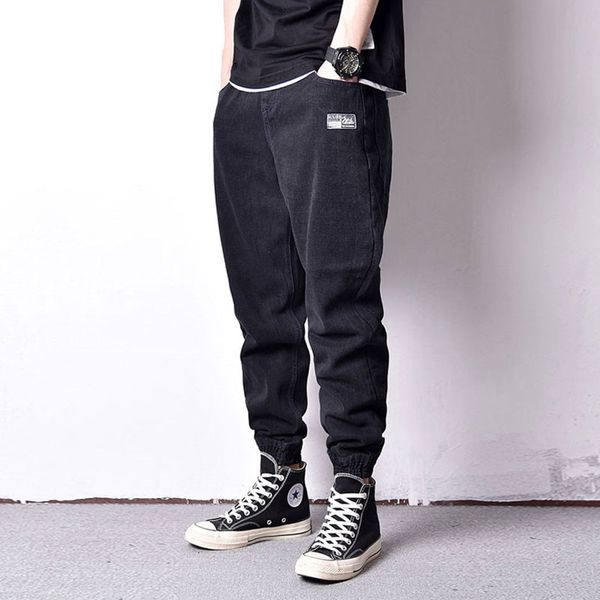 

fashion streetwear men jeans black vintage designer loose fit elastic waist denim cargo pants japanese hip hop jeans men joggers, Blue