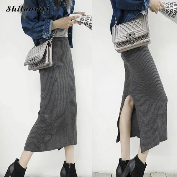 

women winter long woolen skirt slim package hip elastic waist pencil skirts woman back split office skirt vintage femme autumn, Black