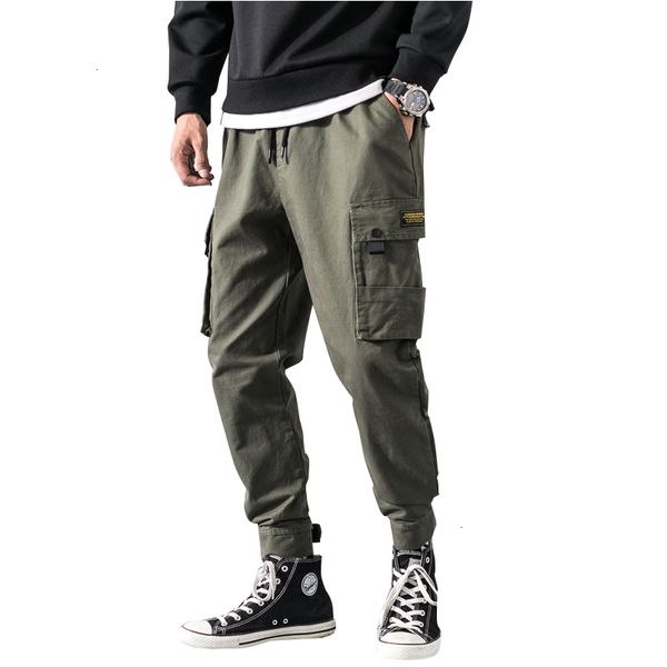 

cargo pants men spring autumn hip hop elastic waits joggers trousers style cotton multi pocket pants for men streetwear, Black