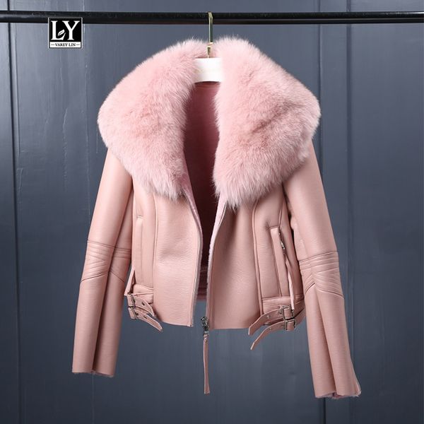 

ly varey lin women winter faux sheepskin coat short faux lambs wool fur collar leather jacket warm thick female zipper outerwear, Black