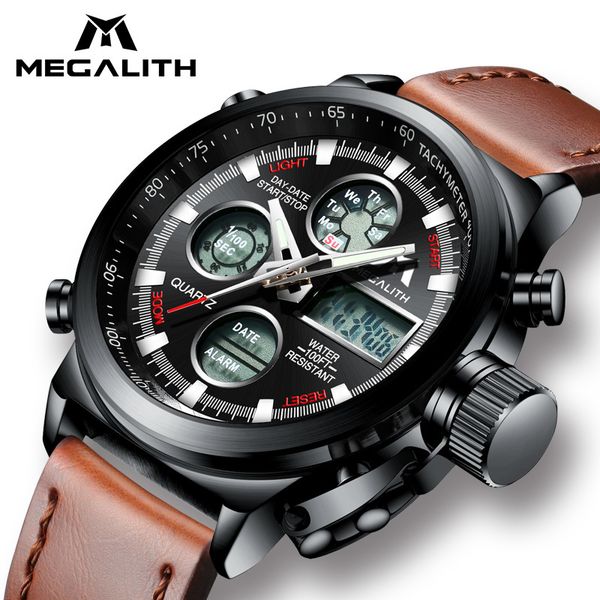 

megalith watch men military sports waterproof wristwatch led digital multifunction watch male clock brown genuine leather watch, Slivery;brown