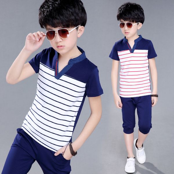 

children's wear new boys summer cowboy brought suit kids campaign suit new fashionable stripe short sleeve t shirt + pants, White