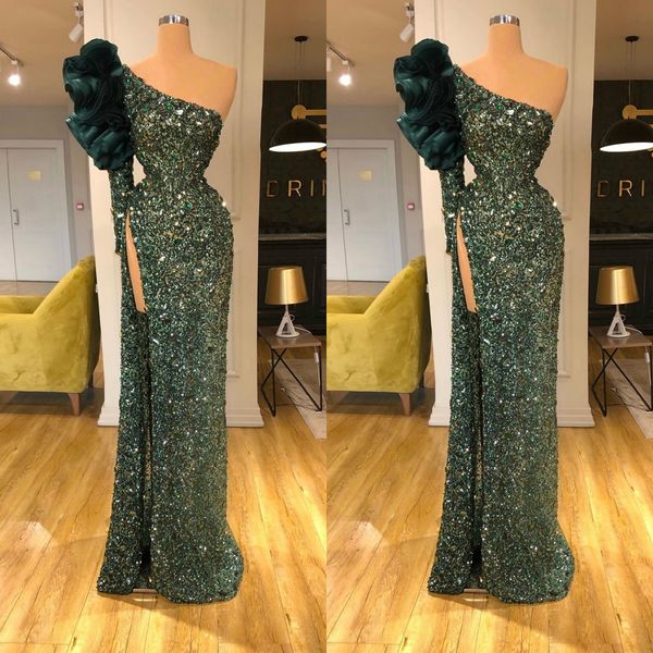 

one shoulder crystal prom dresses ruffles beading high side split evening gowns 2020 luxury robes de mariÃ©e, Black