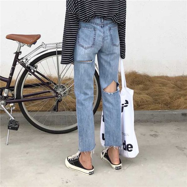 

women's jeans chic versatile cool bf after stroke with holes high-waisted torn edge straight-cut capri pants, Blue