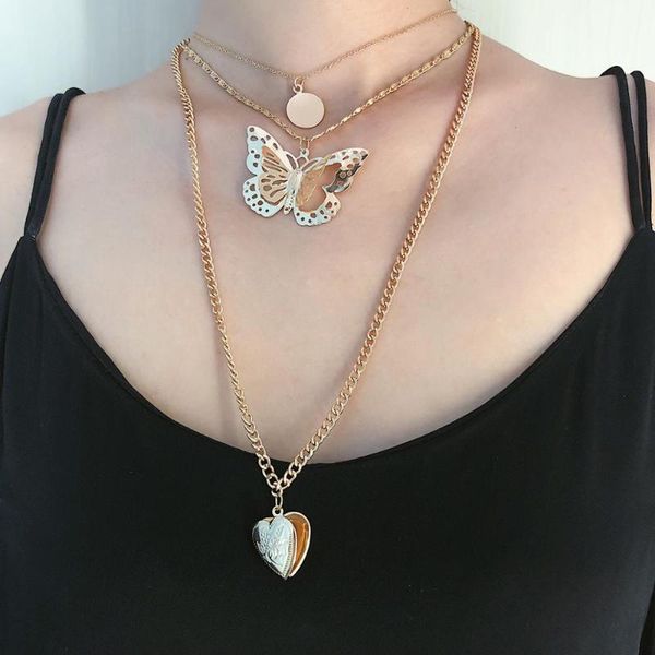 

2020 new vintage copper heart butterfly round pendant choker necklace women girls layered long chain statement necklace jewelry, Silver