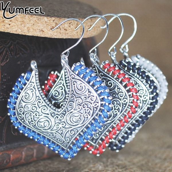 

yumfeel new hand thread vintage hoop earrings jewelry antique silver plated 4 colors red blue beige black earring gifts bohemian, Golden