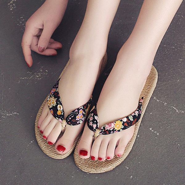 

lady floral flip flops tide women summer seaside travel vacation sandals slippers flat non-slip beach drag zapatos mujer, Black