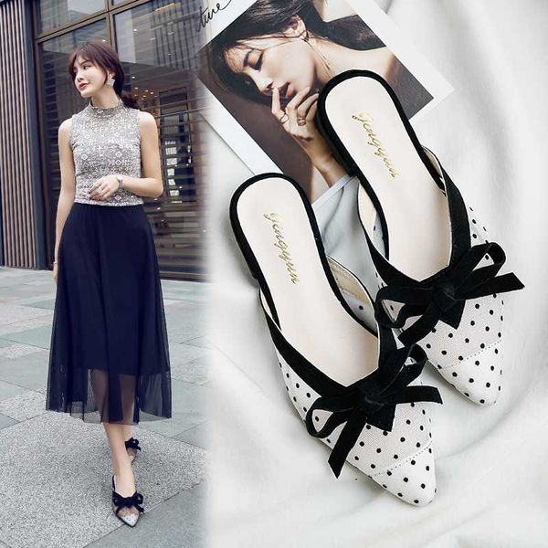 

web celebrity with lace white gauze muller shoes pointed baotou flat shoes half dragged outside wear cool slippers, Black