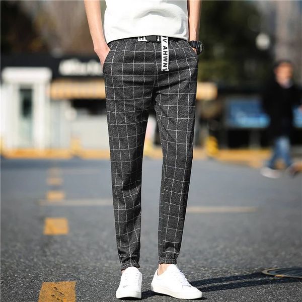 

men's loose ankle-tied pants harem plaid pants resilient pencil pants casual nine point students trouser, Black