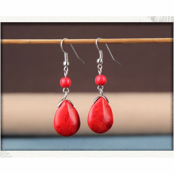 

vintage chandelier ladies earrings texture turquoise gemstone dangles red, women ladies party holiday jewelry accessories, Golden