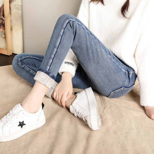 

ff9601 2019 new autumn winter women fashion casual denim pants plus cashmere thickening warm cute ripped jeans for women, Blue