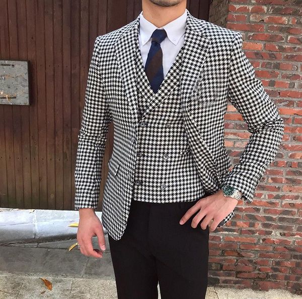

custom design houndstooth groom tuxedos groomsmen mens wedding tuxedos autumn winter fashion man bllazer 3 piece suit(jacket+pants+vest+tie), Black;gray