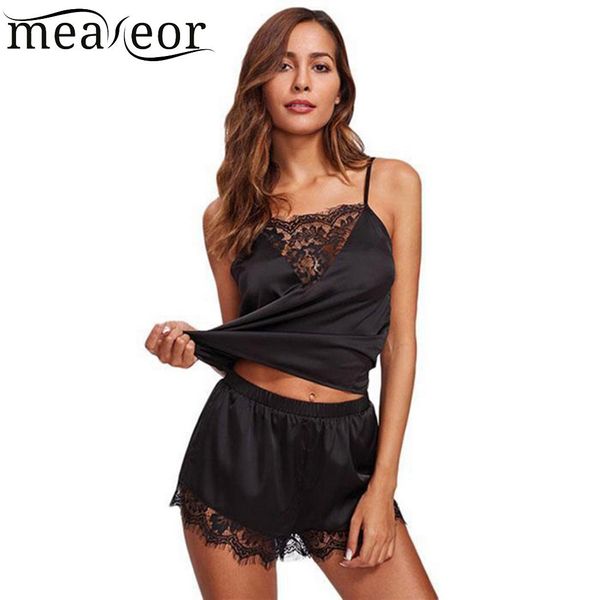 

women sleepwear sets spaghetti strap lace patchwork pajama cami + shorts pajamas lingerie intimate ladies pijama mujer, Black;red