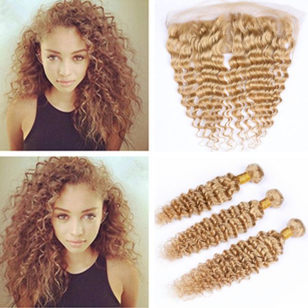 

virgin peruvian human hair honey blonde deep wave weaves with frontal 3bundles #27 blonde deep wavy wefts with 13x4 lace frontal closure, Black