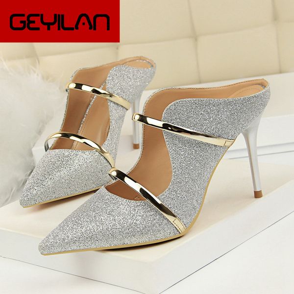 

new summer shoes for woman sequin cloth extreme high heels 9cm slippers closed pointed toe plus size women slides ds-b0247, Black