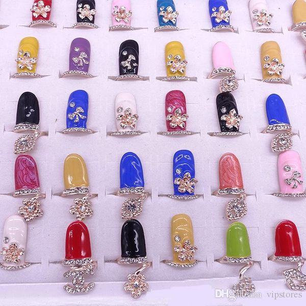 

cute 50pcs crystal finger rings cz diamond bowknot nail art finger ring fashion rhinestone flower crown fingernail rings jewelry for women, Golden;silver