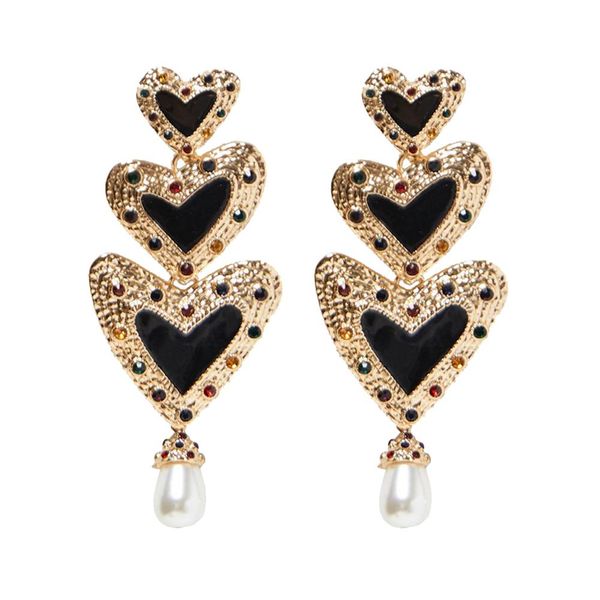 

vintage женщины 3 сердца падение горный хрусталь искусственной жемчужной эмалью заявление серьги стержня моды, Silver