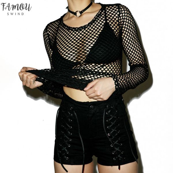 

fishnet women black polyester gothic mesh hollow out long sleeve ripped see through summer ladies shirt, White