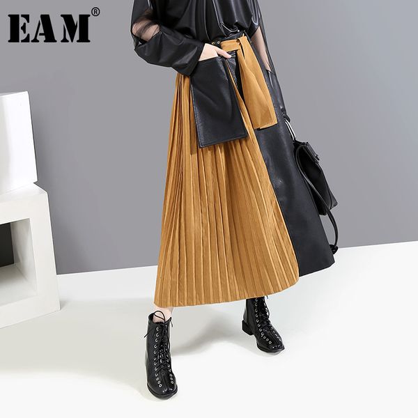 

eam] high elastic waist pleated pu leather temperament half-body skirt women fashion tide new spring autumn 2019 19a-a385, Black