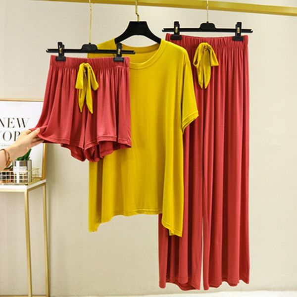 

u9kix thin modal t-shirt casual pants loose three-piece suit women's summer large size pajamas casual pants wear home clothes round col, Blue;red