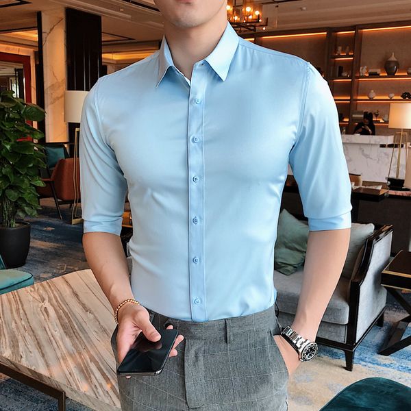 

summer men's seven-sleeve sleeve shirt fashion boutique solid color slim shirt business casual banquet party formal -3xl, White;black