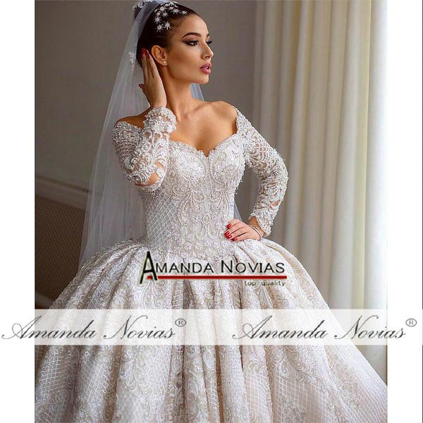 

african off shoulder long sleeevs ball gown wedding dresses luxury cathedral pearl beaded plus size bridal gown custom made, White