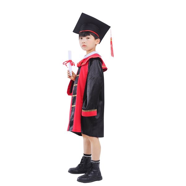 

children bachelor gown performance dress school boy class team wear kids party robe with bow tie baby graduation costume, Black;red