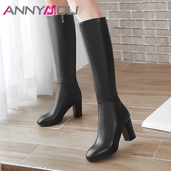

annymoli winter knee high boots women boots zipper thick high heel long pu leather round toe shoes female big size 33-43, Black