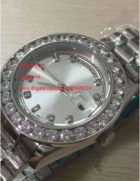 

sapphire day-date 41 mm stainless steel white dial big diamond automatic mechanical mens men's watch watches, Slivery;brown