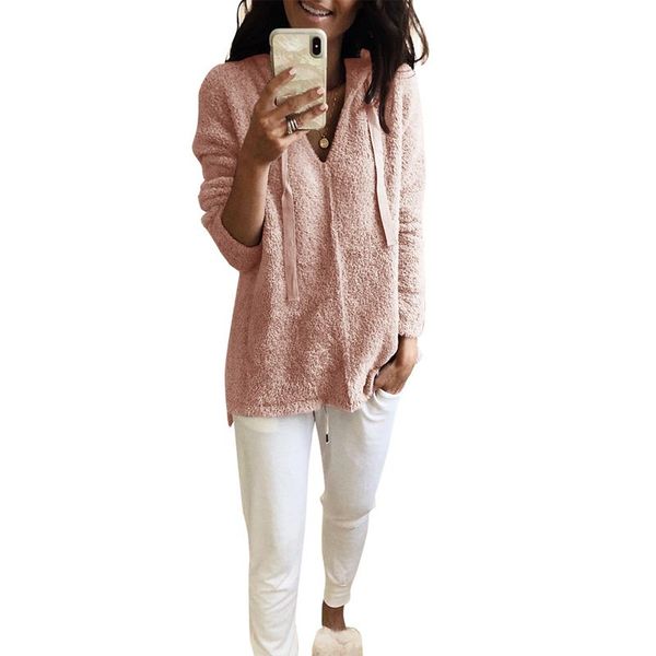 

women warm loose solid color long sleeve fleece pullover hoodies ladies casual hooded sweatshirts outwear pink xl, Black