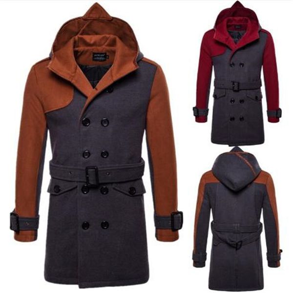 

new england men's thicken stitching color jackets fashion men lapel double-breasted hooded woolen coat for male autumn winter ra, Black