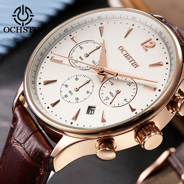 

luxury brand ochstin men sports watches men's quartz date clock man leather military wrist watch male relogio masculino, Slivery;brown