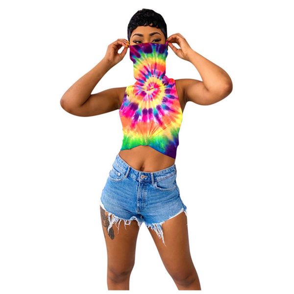 

women t shirt design color tie-dye floral printed vest sleeveless t-shirt with face mask crop fashion girls lady clothes s-xxxl d6905, White