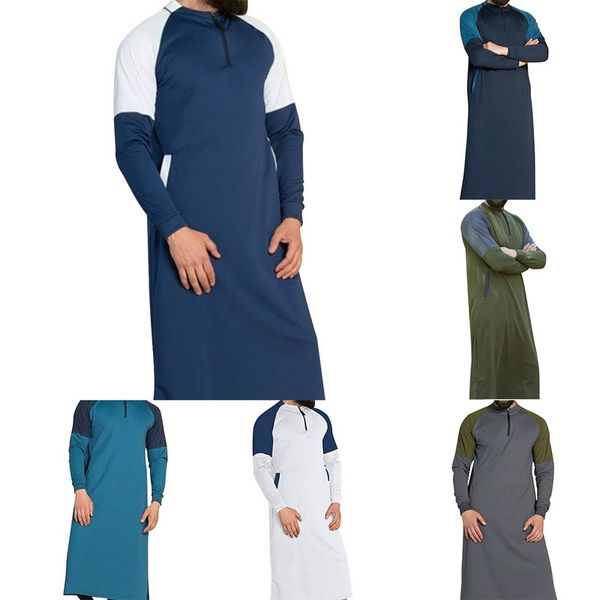 

2019 zipper collar long clothing men muslim robe dressing saudi arab mens t shirt long sleeve patchwork autumn tee shirt, White;black
